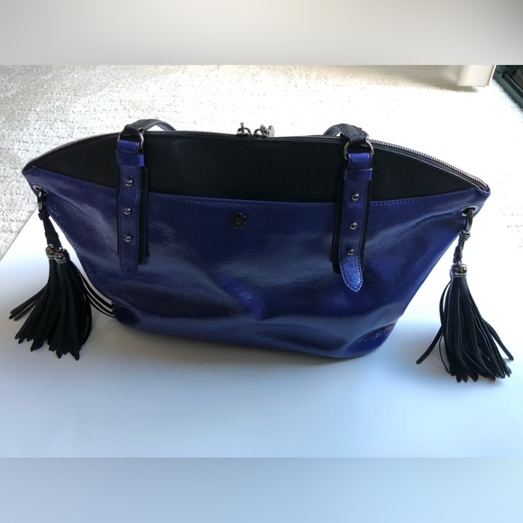 Eric Javits Patent and Saffiano Leather Handbag in Purplish Blue and Black - Picture 2 of 14